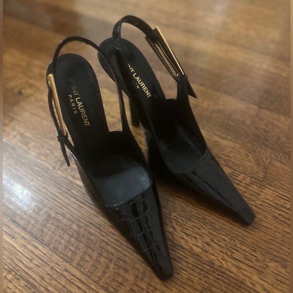 Saint Laurent Black Croc Slingback Stiletto Heels - Picture 8 of 14